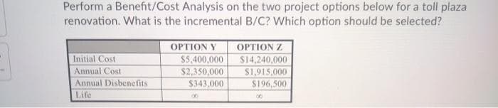 Perform a Benefit/Cost Analysis on the two project options below for a toll plaza
renovation. What is the incremental B/C? Which option should be selected?
OPTION Y
$5,400,000
$2,350,000
$343,000
OPTION Z
$14,240,000
S1,915,000
Initial Cost
Annual Cost
Annual Disbenefits
$196,500
Life
00
