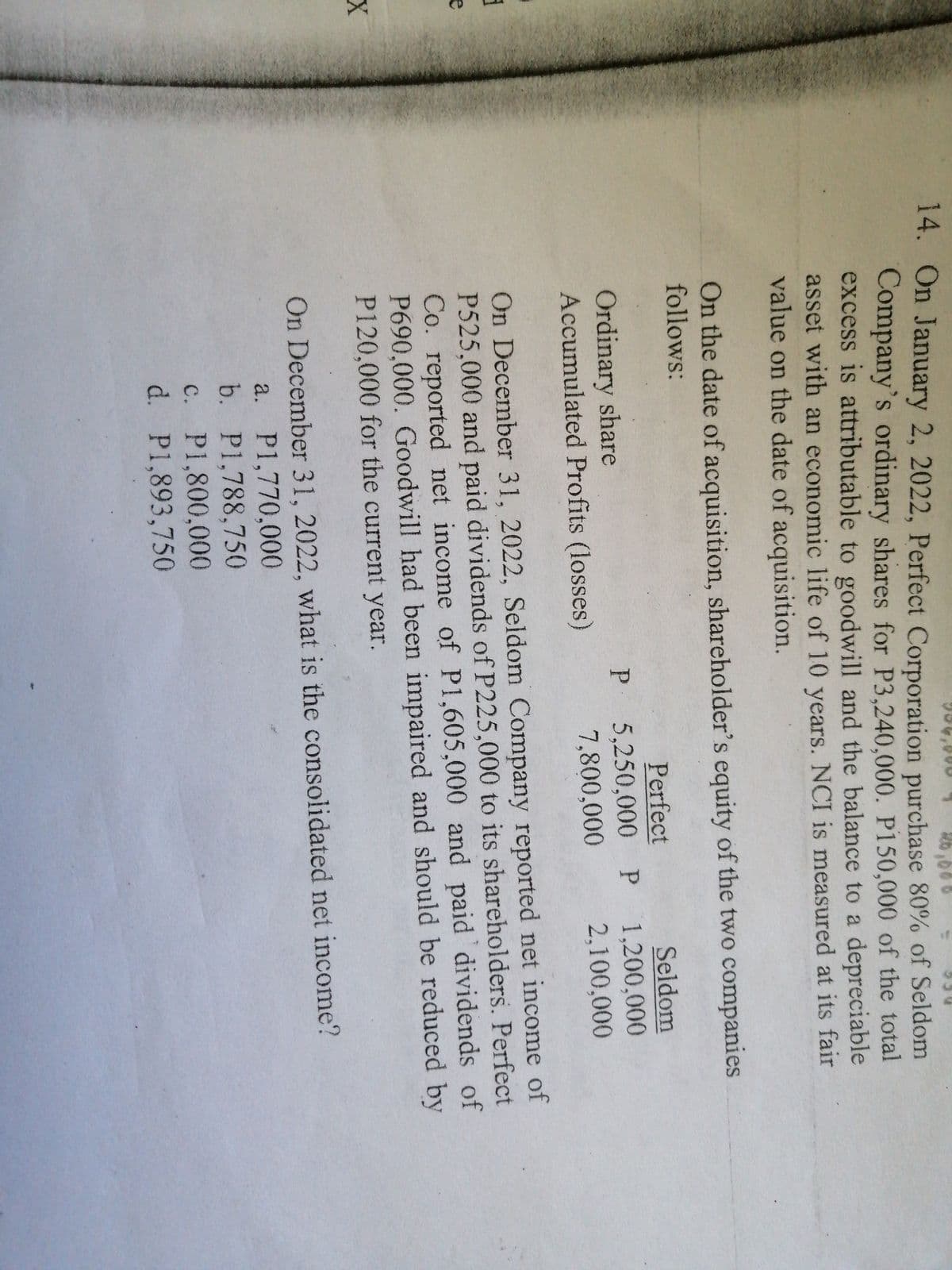 14. On January 2, 2022, Perfect Corporation purchase 80% of Seldom
Company's ordinary shares for P3,240,000. P150,000 of the total
excess is attributable to goodwill and the balance to a depreciable
asset with an economic life of 10 years. NCI is measured at its fair
value on the date of acquisition.
On the date of acquisition, shareholder's equity of the two companies
follows:
Perfect
Seldom
Ordinary share
Accumulated Profits (losses)
P 5,250,000P 1,200,000
7,800,000
2,100,000
On December 31, 2022, Seldom Company reported net income of
P525,000 and paid dividends of P225,000 to its shareholders. Perfect
Co. reported net income of P1,605,000 and paid dividends of
P690,000. Goodwill had been impaired and should be reduced by
P120,000 for the current year.
On December 31, 2022, what is the consolidated net income?
a. P1,770,000
b. P1,788,750
c. P1,800,000
d. P1,893,750

