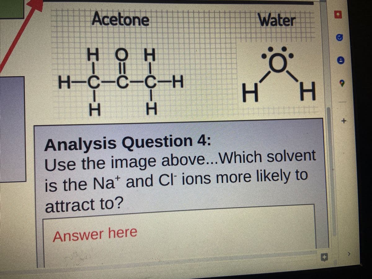 Acetone
Water
H.
H OH
.
H-C-C-C-H
H.
H H
Analysis Question 4:
Use the image above...Which solvent
is the Na* and Cl ions more likely to
+.
attract to?
Answer here
