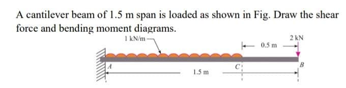 A cantilever beam of 1.5 m span is loaded as shown in Fig. Draw the shear
force and bending moment diagrams.
1 kN/m-
2 kN
+ 0.5 m
1.5 m
