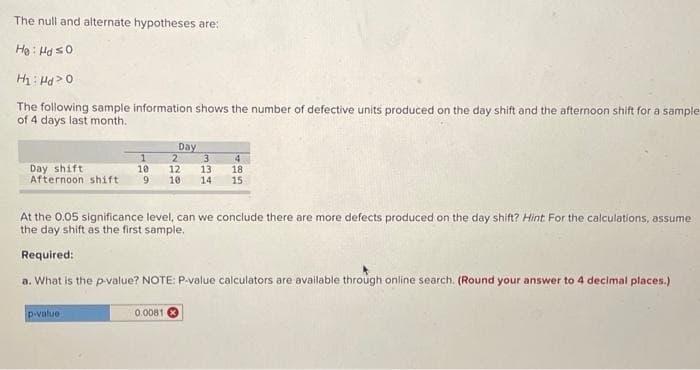 The null and alternate hypotheses are:
Ho: Hd so
H₁: Hd>0
The following sample information shows the number of defective units produced on the day shift and the afternoon shift for a sample
of 4 days last month.
Day
1
3 4
Day shift
2
12 13 18
10.
Afternoon shift 9 10 14 15
At the 0.05 significance level, can we conclude there are more defects produced on the day shift? Hint. For the calculations, assume
the day shift as the first sample.
Required:
a. What is the p-value? NOTE: P-value calculators are available through online search. (Round your answer to 4 decimal places.)
p-value
0.0081