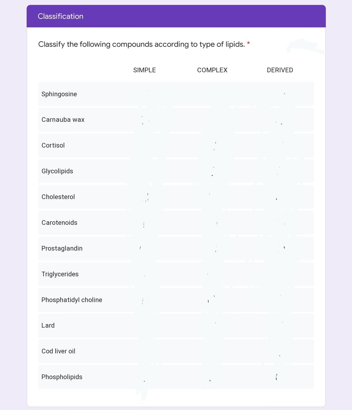 Classification
Classify the following compounds according to type of lipids. *
SIMPLE
COMPLEX
DERIVED
Sphingosine
Carnauba wax
Cortisol
Glycolipids
Cholesterol
Carotenoids
Prostaglandin
Triglycerides
Phosphatidyl choline
!
Lard
Cod liver oil
Phospholipids
