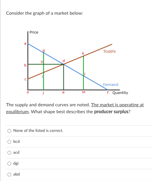 Consider the graph of a market below:
bcd
acd
o
None of the listed is correct.
dgi
с
abd
Price
The supply and demand curves are noted. The market is operating at
equilibrium. What shape best describes the producer surplus?
m
Supply
Demand
f Quantity