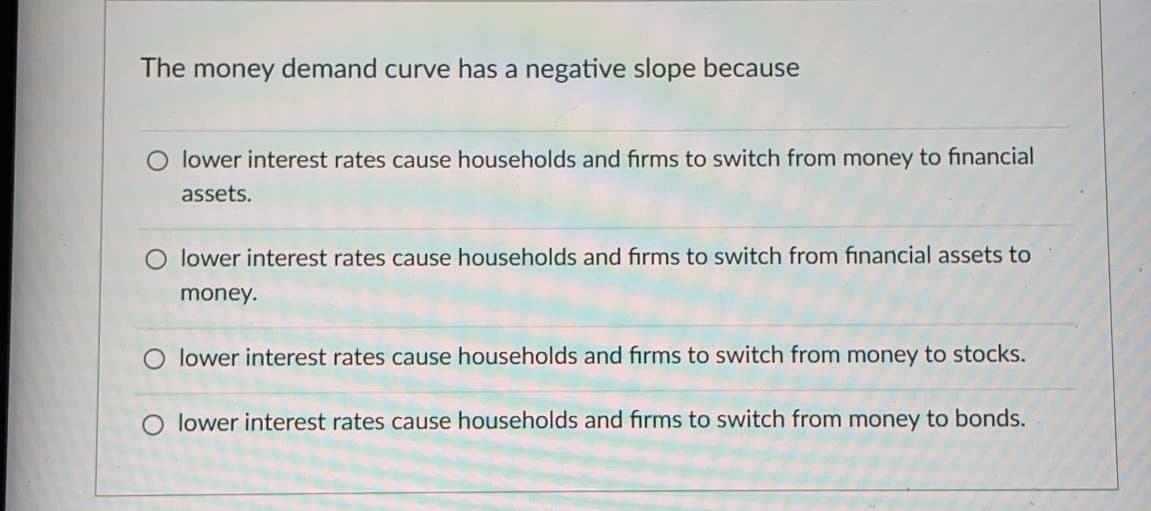 The money demand curve has a negative slope because
lower interest rates cause households and firms to switch from money to financial
assets.
O lower interest rates cause households and firms to switch from financial assets to
money.
O lower interest rates cause households and firms to switch from money to stocks.
lower interest rates cause households and firms to switch from money to bonds.
