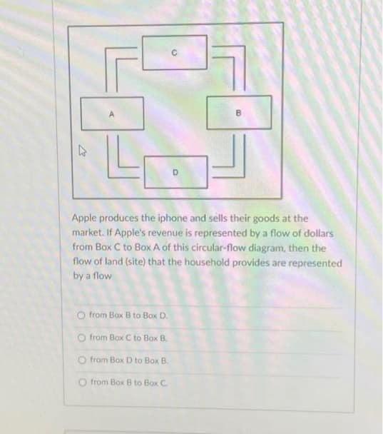 4
с
Ofrom Box B to Box D.
O from Box C to Box B.
O from Box D to Box B
O from Box B to Box C
D
B
Apple produces the iphone and sells their goods at the
market. If Apple's revenue is represented by a flow of dollars
from Box C to Box A of this circular-flow diagram, then the
flow of land (site) that the household provides are represented
by a flow