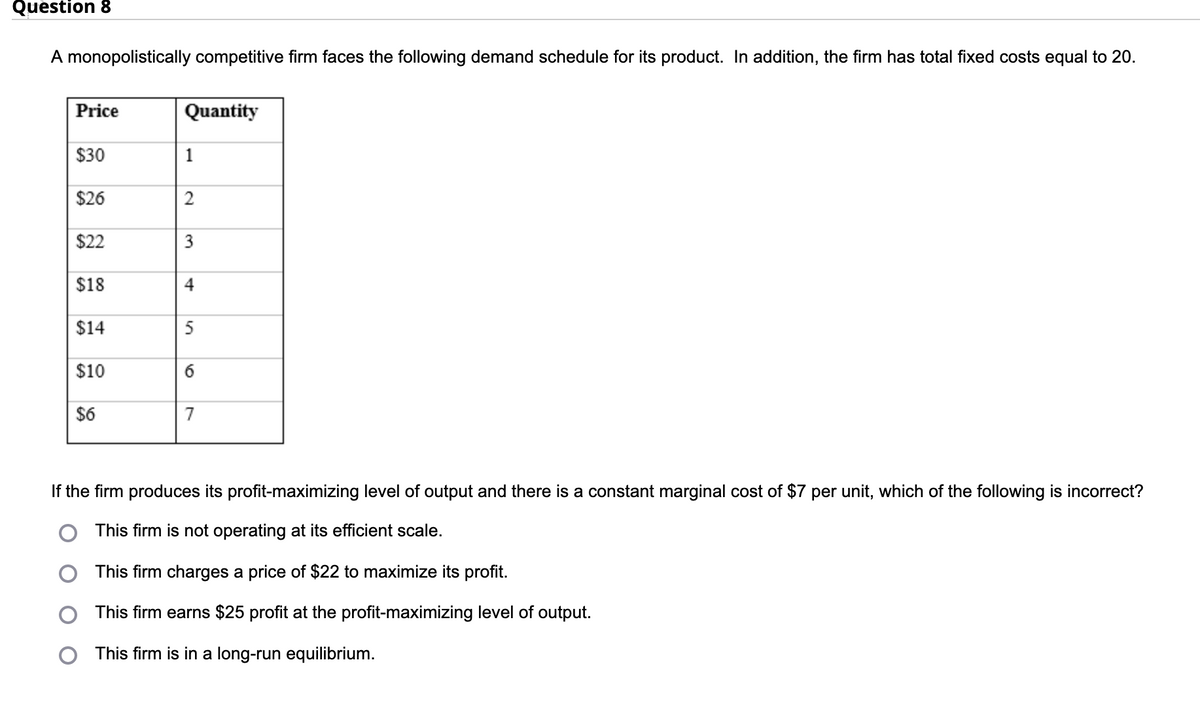 Question 8
A monopolistically competitive firm faces the following demand schedule for its product. In addition, the firm has total fixed costs equal to 20.
Price
$30
$26
$22
$18
$14
$10
$6
Quantity
1
2
4
6
7
If the firm produces its profit-maximizing level of output and there is a constant marginal cost of $7 per unit, which of the following is incorrect?
This firm is not operating at its efficient scale.
This firm charges a price of $22 to maximize its profit.
This firm earns $25 profit at the profit-maximizing level of output.
This firm is in a long-run equilibrium.