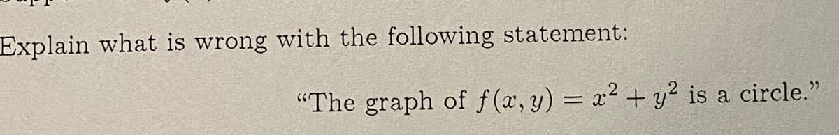 Explain what is wrong with the following statement:
"The graph of f(x, y) = x2 + y² is a circle."
>>
