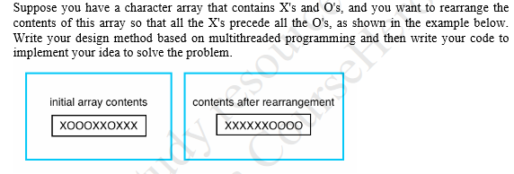 Suppose you have a character array that contains X's and O's, and you want to rearrange the
contents of this array so that all the X's precede all the O's, as shown in the example below.
Write your design method based on multithreaded programming and then write your code to
implement your idea to solve the problem.
etock
initial array contents
XXXXXXO00O
XO0OXXOXXX
