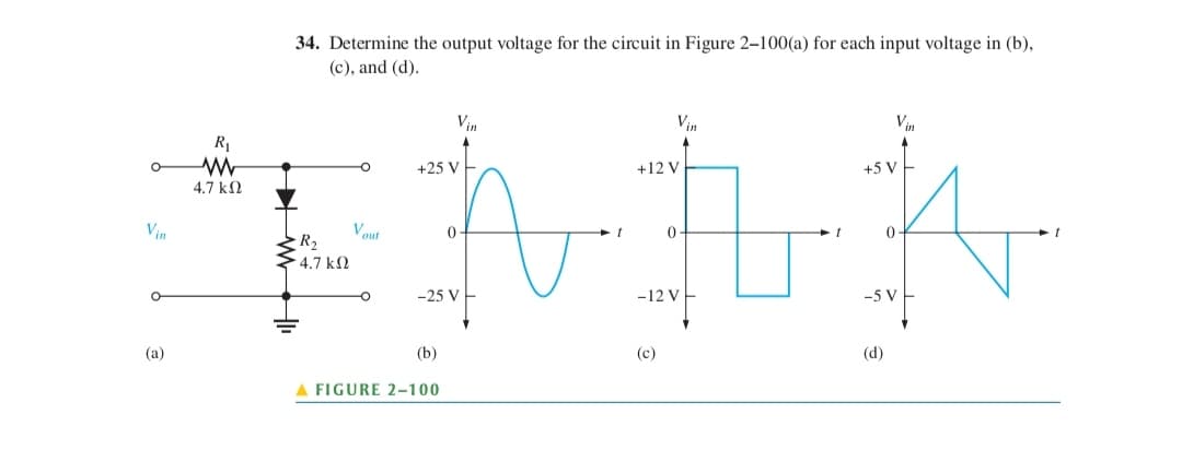 Vin
O
(a)
Vin
+12 V
t
0
TNIN
-12 V
(c)
R₁
34. Determine the output voltage for the circuit in Figure 2-100(a) for each input voltage in (b),
(c), and (d).
4.7 ΚΩ
R₂
4.7 ΚΩ
Vout
+25 V-
-25 V
(b)
0
A FIGURE 2-100
Vin
+5 V
(d)
0
-5 V
t