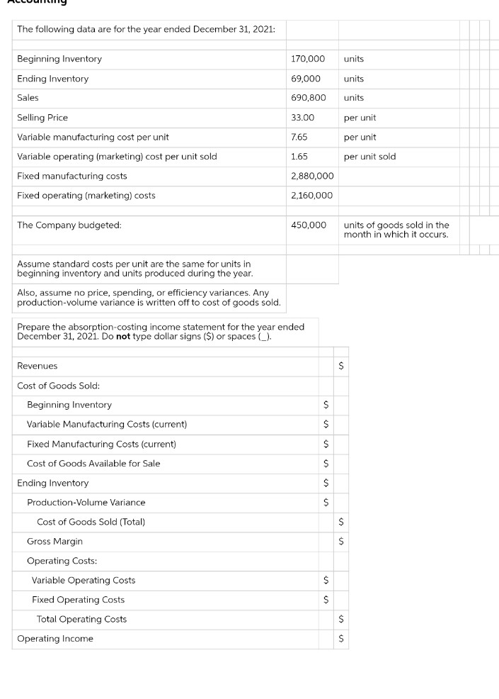 The following data are for the year ended December 31, 2021:
Beginning Inventory
170,000
units
Ending Inventory
69,000
units
Sales
690,800
units
Selling Price
33.00
per unit
Variable manufacturing cost per unit
7.65
per unit
Variable operating (marketing) cost per unit sold
1.65
per unit sold
Fixed manufacturing costs
2,880,000
Fixed operating (marketing) costs
2,160,000
The Company budgeted:
450,000
units of goods sold in the
month in which it occurs.
Assume standard costs per unit are the same for units in
beginning inventory and units produced during the year.
Also, assume no price, spending, or efficiency variances. Any
production-volume variance is written off to cost of goods sold.
Prepare the absorption-costing income statement for the year ended
December 31, 2021. Do not type dollar signs ($) or spaces ().
Revenues
Cost of Goods Sold:
Beginning Inventory
Variable Manufacturing Costs (current)
2$
Fixed Manufacturing Costs (current)
Cost of Goods Available for Sale
Ending Inventory
2$
Production-Volume Variance
Cost of Goods Sold (Total)
Gross Margin
Operating Costs:
Variable Operating Costs
$
Fixed Operating Costs
Total
Costs
Operating Income
