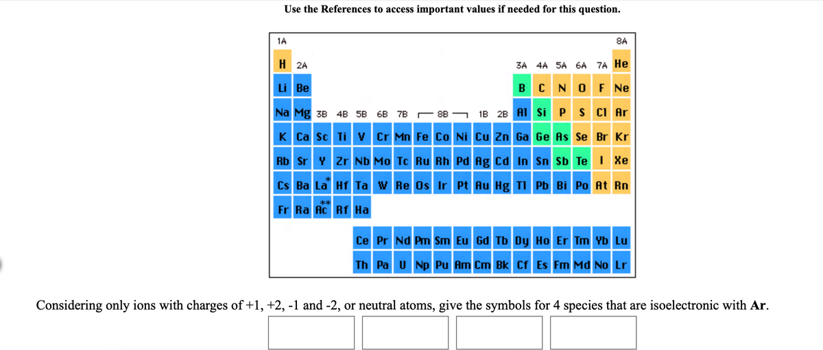 Use the References to access important values if needed for this question.
1A
8A
H 2A
3A 4A 5A 6A 7A He
Li Be
BC NO F Ne
Na Mg 3B
1B 28 A1 Si PS CI Ar
4B 5B
6B 7B
C 8B -
K Ca sc Ti v Cr Mn Fe Co Ni Cu Zn Ga Ge As Se Br Kr
Rb Sr Y Zr Nb Mo Tc Ru Rh Pd Ag Cd In Sn Sb Te I Xe
Cs Ba La Hf Ta w Re Os Ir Pt Au Hg TI Pb Bi Po At Rn
**
Fr Ra Ac Rf Ha
Ce Pr Nd Pm Sm Eu Gd Tb Dy Ho Er Tm Yb Lu
Th Pa U Np Pu Am Cm Bk Cf Es Fm Md No Lr
Considering only ions with charges of +1, +2, -1 and -2, or neutral atoms, give the symbols for 4 species that are isoelectronic with Ar.
