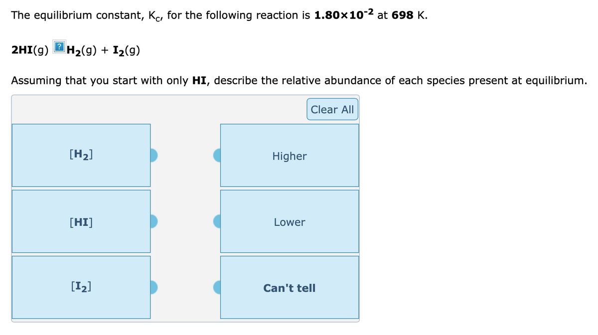 The equilibrium constant, Kc, for the following reaction is 1.80×10-² at 698 K.
2HI(g) H₂(g) + I₂(9)
Assuming that you start with only HI, describe the relative abundance of each species present at equilibrium.
[H₂]
[HI]
[1₂]
Higher
Lower
Clear All
Can't tell