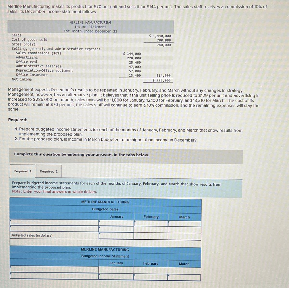 Merline Manufacturing makes its product for $70 per unit and sells it for $144 per unit. The sales staff receives a commission of 10% of
sales. Its December Income statement follows.
Sales
Cost of goods sold
Gross profit
Selling, general, and administrative expenses
Sales commissions (10%)
Advertising
office rent
Administrative salaries
Depreciation office equipment
office Insurance
Net income
MERLINE MANUFACTURING
Income Statement
For Month Ended December 31
$ 144,000
228,000
Required 1 Required 2
25,400
47,000
57,000
13,400
Management expects December's results to be repeated in January, February, and March without any changes in strategy.
Management, however, has an alternative plan. It believes that if the unit selling price is reduced to $129 per unit and advertising is
Increased to $285,000 per month, sales units will be 11,000 for January, 12,100 for February, and 13,310 for March. The cost of its
product will remain at $70 per unit, the sales staff will continue to earn a 10% commission, and the remaining expenses will stay the
same.
Budgeted sales (in dollars)
Required:
1. Prepare budgeted Income statements for each of the months of January, February, and March that show results from
Implementing the proposed plan.
2. For the proposed plan, Is Income In March budgeted to be higher than Income In December?
Complete this question by entering your answers in the tabs below.
$ 1,440,000
700,000
740,000
Prepare budgeted income statements for each of the months of January, February, and March that show results from
implementing the proposed plan.
Note: Enter your final answers in whole dollars.
MERLINE MANUFACTURING
Budgeted Sales
January
514,800
$ 225,200
MERLINE MANUFACTURING
Budgeted Income Statement
January
February
February
March
March