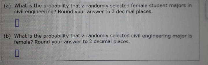 (a) What is the probability that a randomly selected female student majors in
civil engineering? Round your answer to 2 decimal places.
(b) What is the probability that a randomly selected civil engineering major is
female? Round your answer to 2 decimal places.
