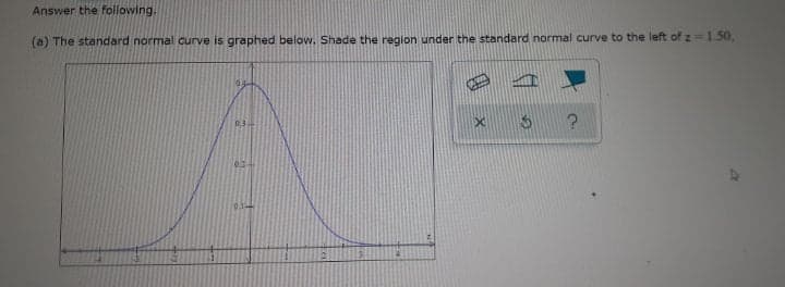 Answer the following.
(a) The standard normal curve is graphed below. Shade the region under the standard normal curve to the left of z=1.50,
03
02
