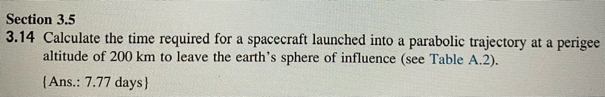 Section 3.5
3.14 Calculate the time required for a spacecraft launched into a parabolic trajectory at a perigee
altitude of 200 km to leave the earth's sphere of influence (see Table A.2).
{Ans.: 7.77 days}
