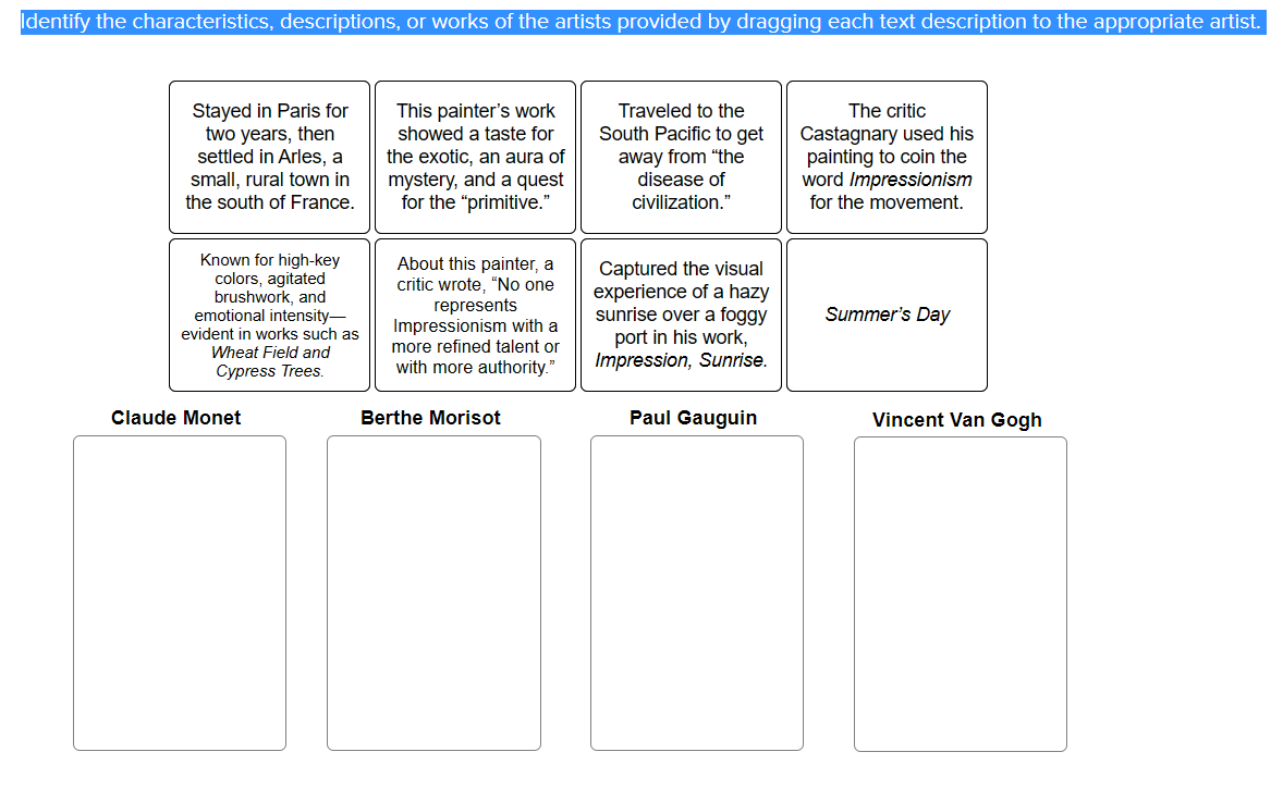 Identify the characteristics, descriptions, or works of the artists provided by dragging each text description to the appropriate artist.
Stayed in Paris for
two years, then
settled in Arles, a
small, rural town in
the south of France.
This painter's work
showed a taste for
Traveled to the
The critic
the exotic, an aura of
mystery, and a quest
for the "primitive."
South Pacific to get
away from "the
disease of
Castagnary used his
painting to coin the
word Impressionism
for the movement.
civilization."
Known for high-key
colors, agitated
brushwork, and
emotional intensity-
evident in works such as
About this painter, a
critic wrote, "No one
represents
Impressionism with a
more refined talent or
Captured the visual
experience of a hazy
sunrise over a foggy
port in his work,
Impression, Sunrise.
Summer's Day
Wheat Field and
Cypress Trees.
with more authority."
Claude Monet
Berthe Morisot
Paul Gauguin
Vincent Van Gogh
