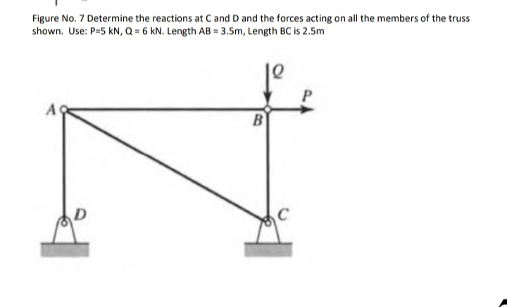 Figure No. 7 Determine the reactions at C and D and the forces acting on all the members of the truss
shown. Use: P=5 kN, Q = 6 kN. Length AB = 3.5m, Length BC is 2.5m
A
D
C
