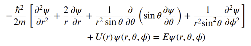 2 dy
p2 sin Ø do (sin 0) +
+ Ur) Ψr, θ, φ) Εψ(7, θ, φ)
1
1
2m | dr2
+
r dr
72sin*o d4²]
дө
