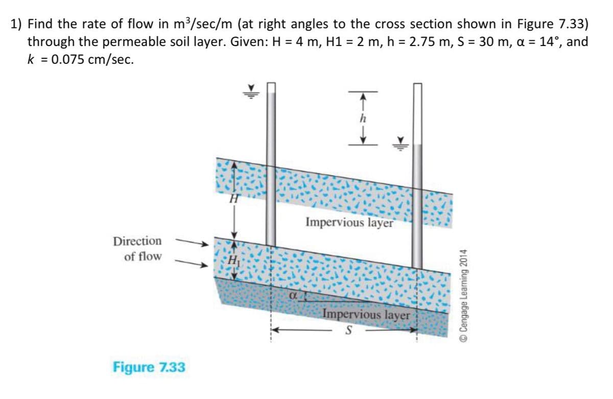 1) Find the rate of flow in m³/sec/m (at right angles to the cross section shown in Figure 7.33)
through the permeable soil layer. Given: H = 4 m, H1 = 2 m, h = 2.75 m, S = 30 m, a =
= 14°, and
k = 0.075 cm/sec.
Direction
of flow
Figure 7.33
H
a
↑
h
Impervious layer
Impervious layer
S
Cengage Learning 2014