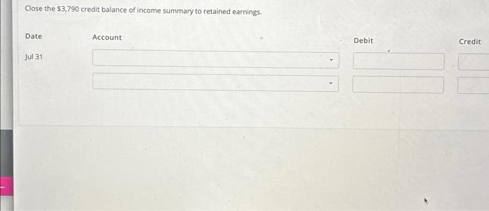 Close the $3,790 credit balance of income summary to retained earnings.
Date
Jul 31
Account
Debit
Credit