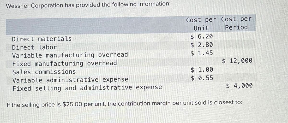 Wessner Corporation has provided the following information:
Cost per Cost per
Period
Unit
Direct materials
Direct labor
Variable manufacturing overhead
$ 6.20
$ 2.80
$ 1.45
Fixed manufacturing overhead
$ 12,000
Sales commissions
$ 1.00
Variable administrative expense
$ 0.55
Fixed selling and administrative expense
$ 4,000
If the selling price is $25.00 per unit, the contribution margin per unit sold is closest to: