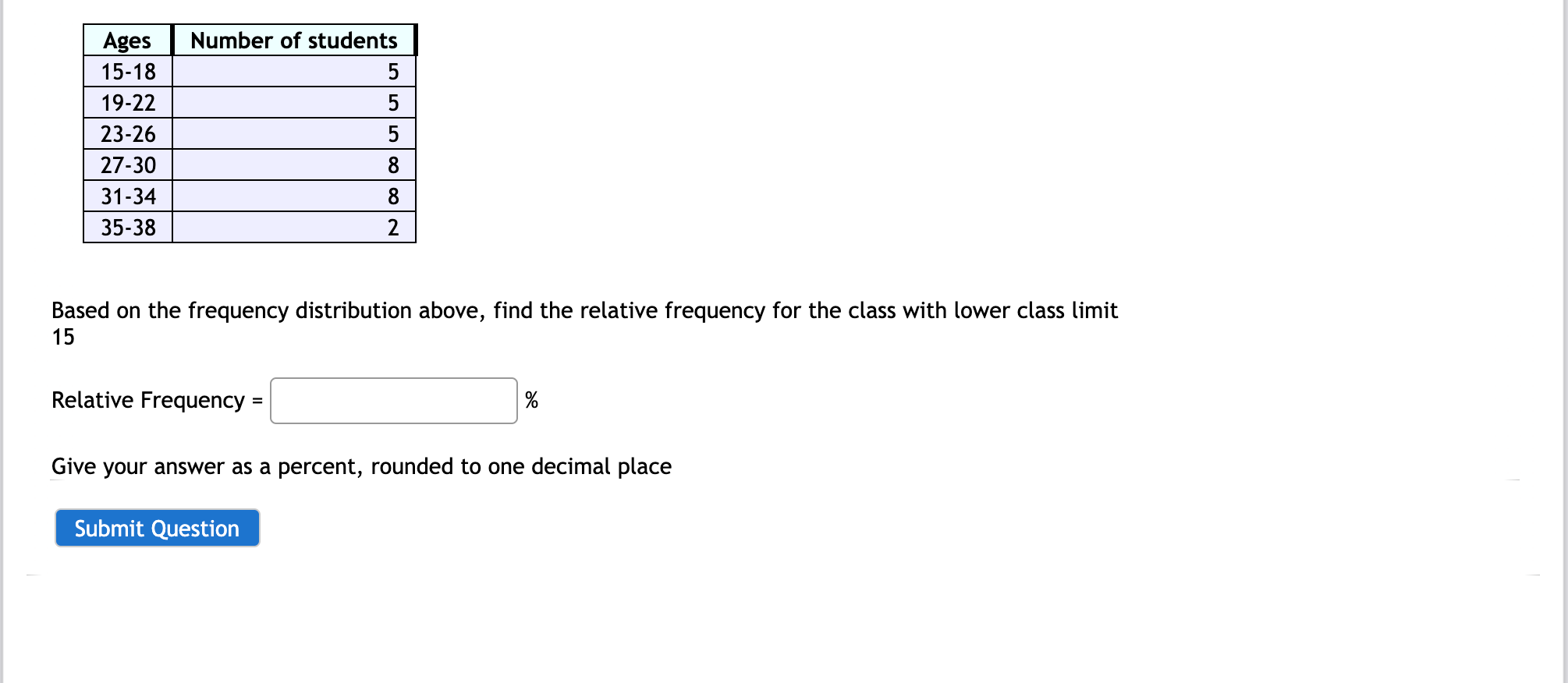 Ages
Number of students
15-18
5
19-22
5
23-26
5
27-30
8
31-34
8
35-38
2
Based on the frequency distribution above, find the relative frequency for the class with lower class limit
15
Relative Frequency =
Give your answer as a percent, rounded to one decimal place
Submit Question
