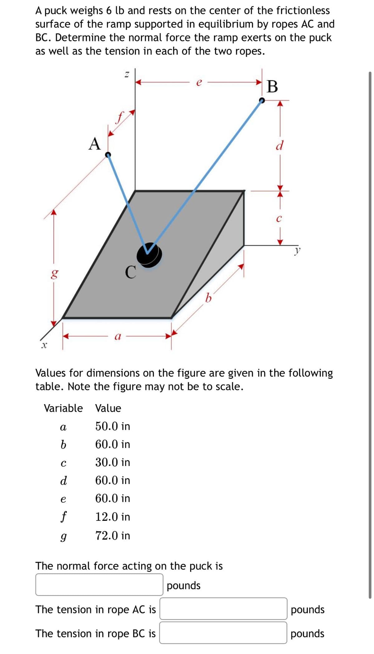 A puck weighs 6 lb and rests on the center of the frictionless
surface of the ramp supported in equilibrium by ropes AC and
BC. Determine the normal force the ramp exerts on the puck
as well as the tension in each of the two ropes.
X
B
A
d
80
g
b
Values for dimensions on the figure are given in the following
table. Note the figure may not be to scale.
Variable Value
a
50.0 in
b
60.0 in
C
30.0 in
d
60.0 in
e
60.0 in
f
12.0 in
g
72.0 in
The normal force acting on the puck is
pounds
The tension in rope AC is
The tension in rope BC is
pounds
pounds