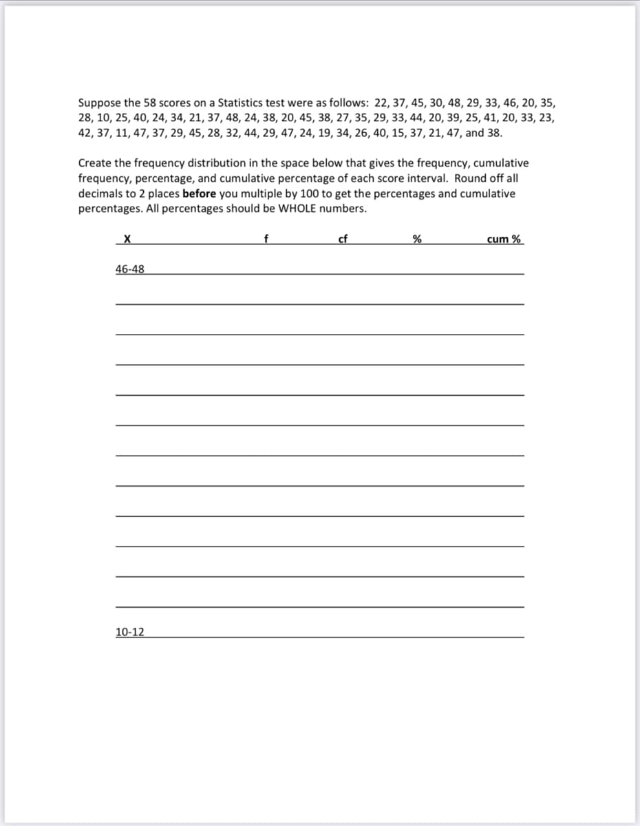 Suppose the 58 scores on a Statistics test were as follows: 22, 37, 45, 30, 48, 29, 33, 46, 20, 35,
28, 10, 25, 40, 24, 34, 21, 37, 48, 24, 38, 20, 45, 38, 27, 35, 29, 33, 44, 20, 39, 25, 41, 20, 33, 23,
42, 37, 11, 47, 37, 29, 45, 28, 32, 44, 29, 47, 24, 19, 34, 26, 40, 15, 37, 21, 47, and 38.
Create the frequency distribution in the space below that gives the frequency, cumulative
frequency, percentage, and cumulative percentage of each score interval. Round off all
decimals to 2 places before you multiple by 100 to get the percentages and cumulative
percentages. All percentages should be WHOLE numbers.
cf
cum %
46-48
10-12
