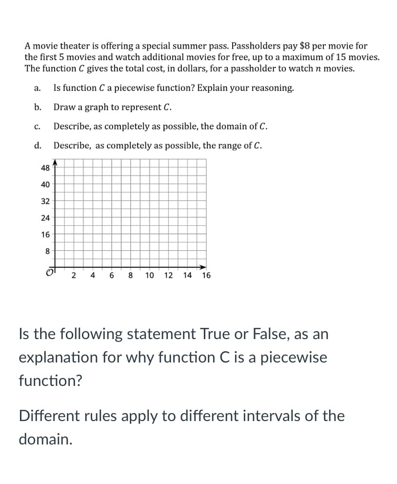 A movie theater is offering a special summer pass. Passholders pay $8 per movie for
the first 5 movies and watch additional movies for free, up to a maximum of 15 movies.
The function C gives the total cost, in dollars, for a passholder to watch n movies.
Is function C a piecewise function? Explain your reasoning.
а.
b.
Draw a graph to represent C.
C.
Describe, as completely as possible, the domain of C.
d.
Describe, as completely as possible, the range of C.
48
40
32
24
16
8
4
6
8
10
12
14
16
Is the following statement True or False, as an
explanation for why function C is a piecewise
function?
Different rules apply to different intervals of the
domain.
