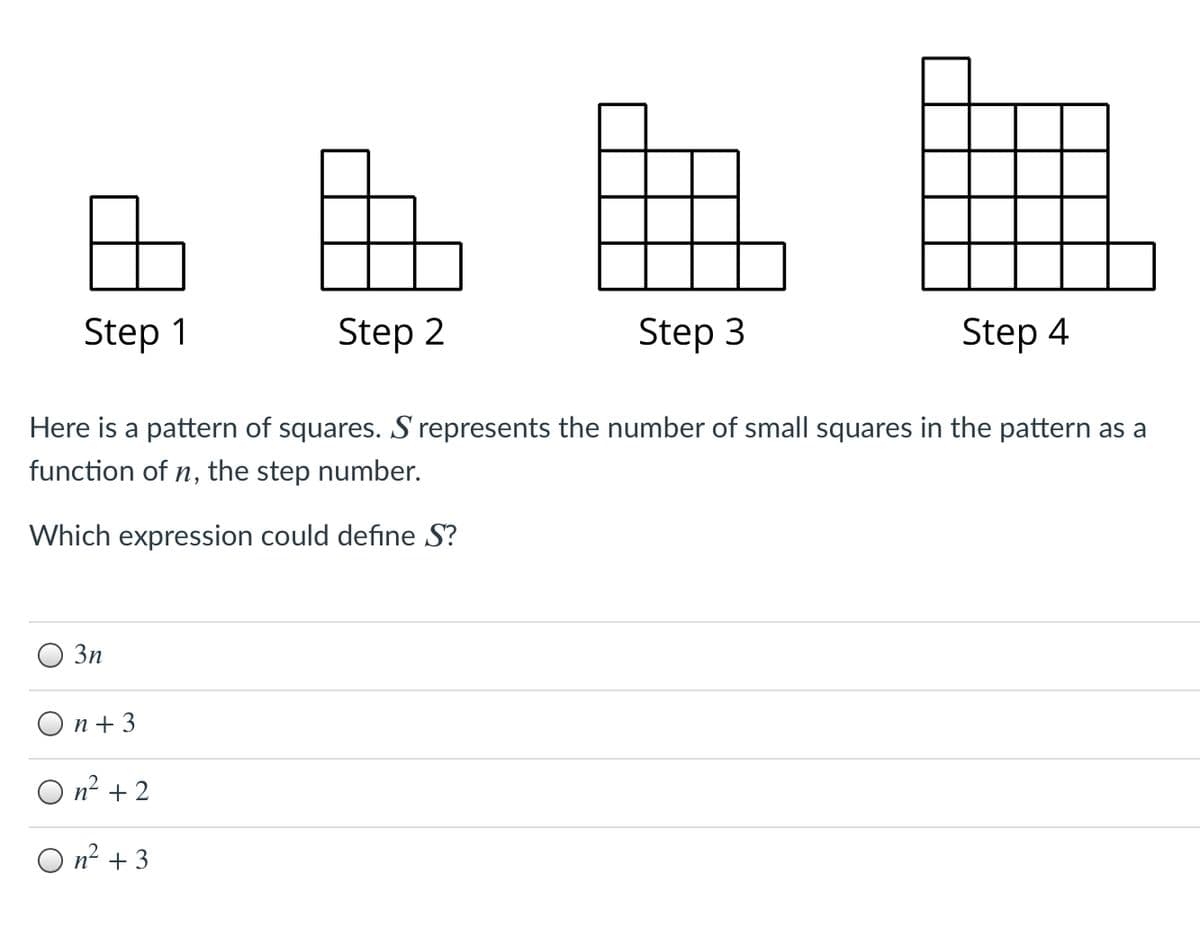 Step 1
Step 2
Step 3
Step 4
Here is a pattern of squares. S represents the number of small squares in the pattern as a
function of n, the step number.
Which expression could define S?
Зп
On + 3
O n? + 2
O n² + 3
