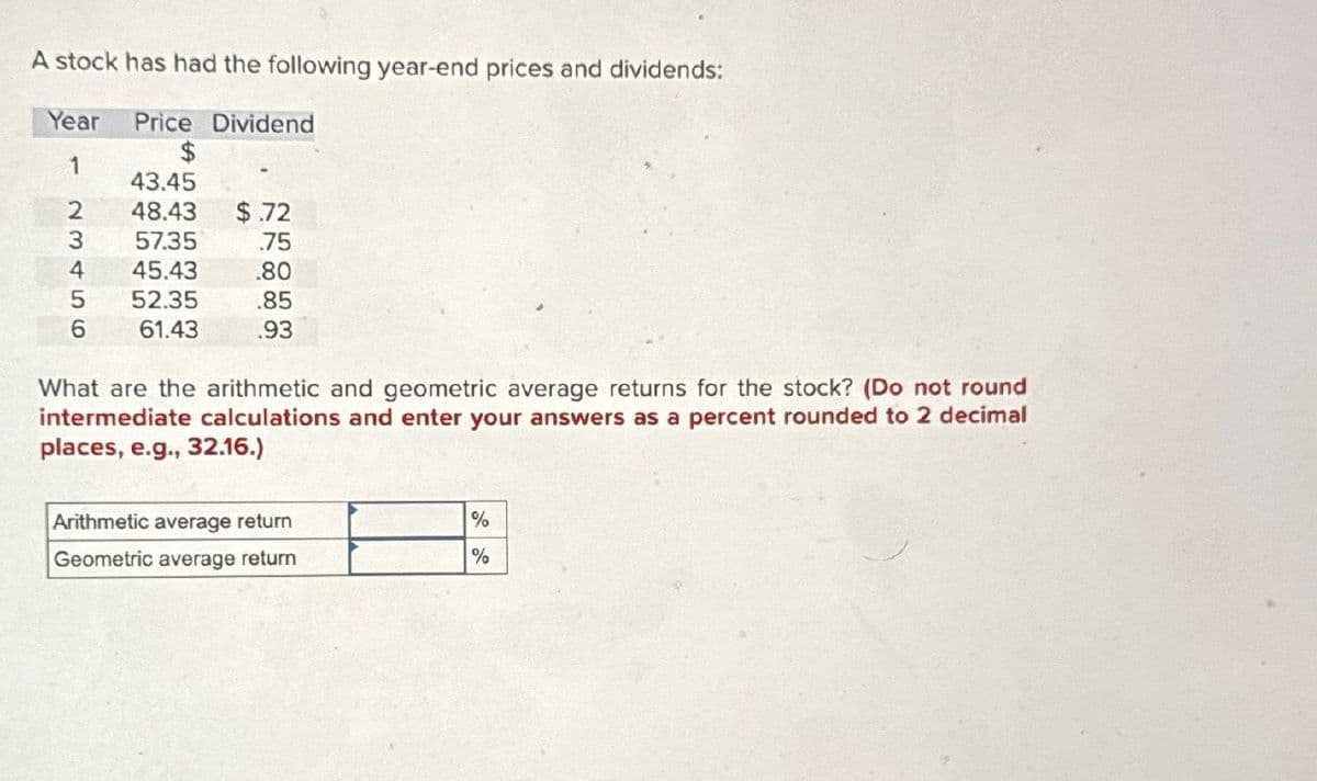 A stock has had the following year-end prices and dividends:
Price Dividend
Year
$
1
43.45
23
2
48.43
$.72
3
57.35
.75
4
45.43
.80
5
52.35
.85
6
61.43
.93
What are the arithmetic and geometric average returns for the stock? (Do not round
intermediate calculations and enter your answers as a percent rounded to 2 decimal
places, e.g., 32.16.)
Arithmetic average return
%
Geometric average return
%