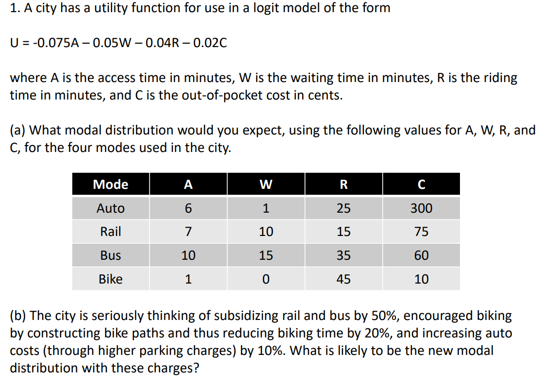 1. A city has a utility function for use in a logit model of the form
U = -0.075A -0.05W-0.04R -0.02C
where A is the access time in minutes, W is the waiting time in minutes, R is the riding
time in minutes, and C is the out-of-pocket cost in cents.
(a) What modal distribution would you expect, using the following values for A, W, R, and
C, for the four modes used in the city.
Mode
Auto
Rail
Bus
Bike
A
6
7
10
1
W
1
10
15
0
R
25
15
35
45
C
300
75
60
10
(b) The city is seriously thinking of subsidizing rail and bus by 50%, encouraged biking
by constructing bike paths and thus reducing biking time by 20%, and increasing auto
costs (through higher parking charges) by 10%. What is likely to be the new modal
distribution with these charges?