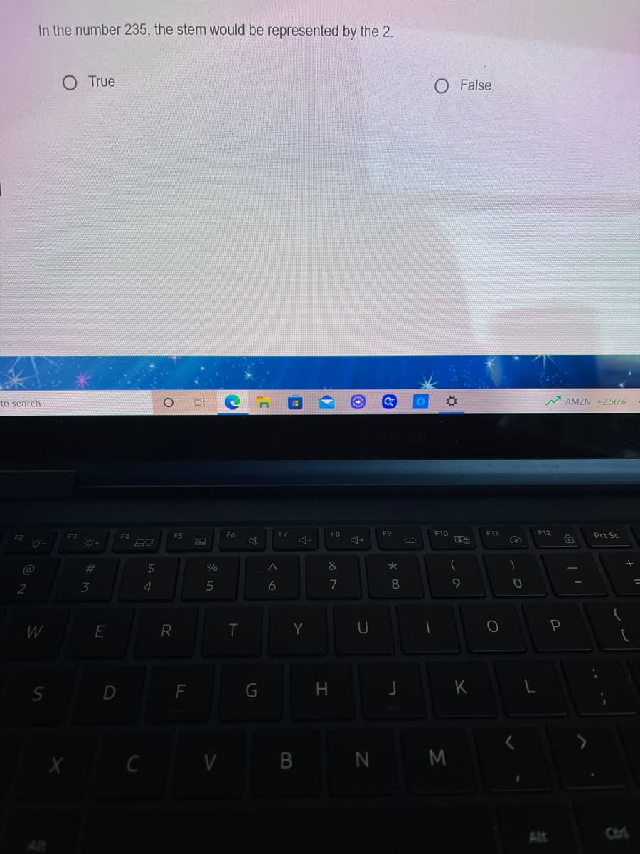 In the number 235, the stem would be represented by the 2.
O True
O False
to search
A AMZN +2.56%
ES
F6
F7
F8
F9
F10
F11
F12
Prt Sc
F2
F3
@
%23
2$
)
2
3
4
6
7
8
9
W
E
R
U
P
[
S D
G
K
X C V B N M
Alt
Ctrl
