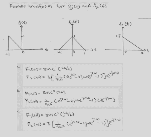 forier tranform sor Rict) and fa Ck)
f2 t)
1-5
a.
Ficw)a sin c (/2)
b.
Ficw)> Sinc?cw)
C.
Ficu) = sinc? )
