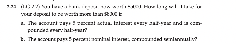 2.24 (LG 2.2) You have a bank deposit now worth $5000. How long will it take for
your deposit to be worth more than $8000 if
a. The account pays 5 percent actual interest every half-year and is com-
pounded every half-year?
b. The account pays 5 percent nominal interest, compounded semiannually?
