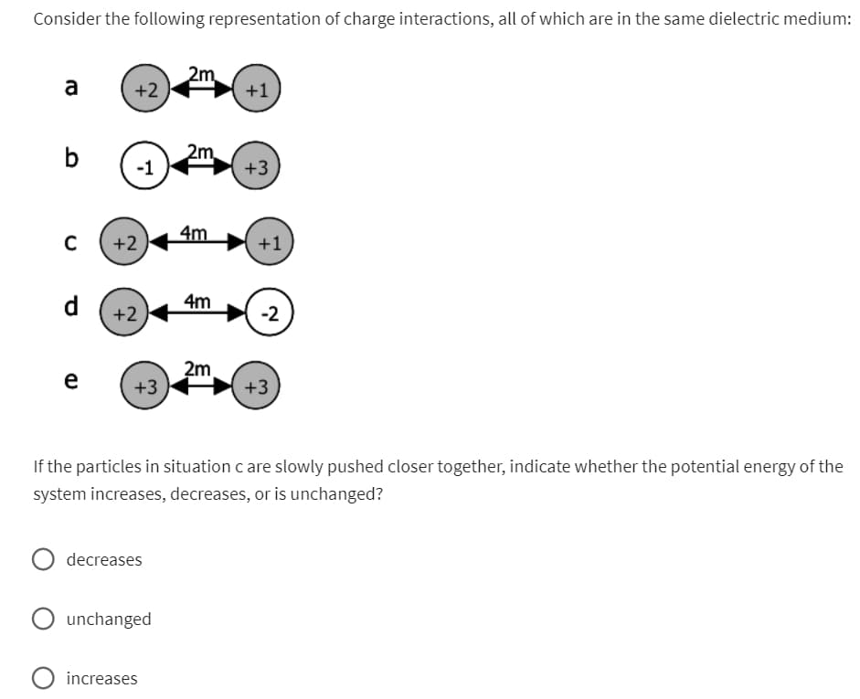 Consider the following representation of charge interactions, all of which are in the same dielectric medium:
a
b
C
d
e
+2
-1
+2
+2
+3
decreases
O unchanged
2m
increases
2m
4m
4m
2m
+1
+3
+1
If the particles in situation care slowly pushed closer together, indicate whether the potential energy of the
system increases, decreases, or is unchanged?
-2
+3