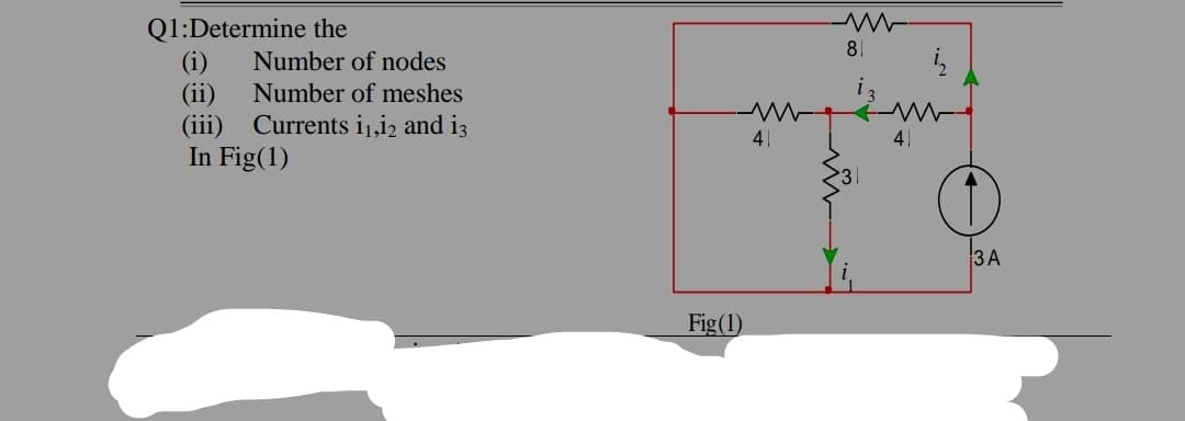 Q1:Determine the
81
Number of nodes
(ii)
Number of meshes
(iii)
Currents i1,i2 and iz
41
41
In Fig(1)
3 A
Fig(1)
