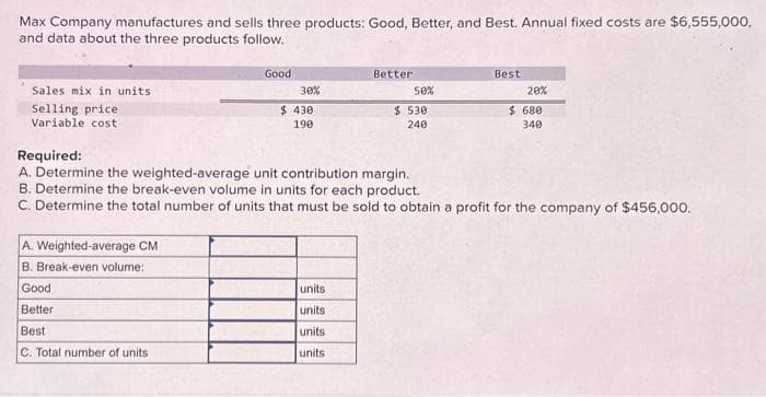 Max Company manufactures and sells three products: Good, Better, and Best. Annual fixed costs are $6,555,000,
and data about the three products follow.
Sales mix in units
Selling price
Variable cost
Good
A. Weighted-average CM
B. Break-even volume:
Good
Better
Best
C. Total number of units
30%
$ 430
190
Better
units
units
units
units
50%
$530
240
Best
Required:
A. Determine the weighted-average unit contribution margin.
B. Determine the break-even volume in units for each product.
C. Determine the total number of units that must be sold to obtain a profit for the company of $456,000.
20%
$ 680
340