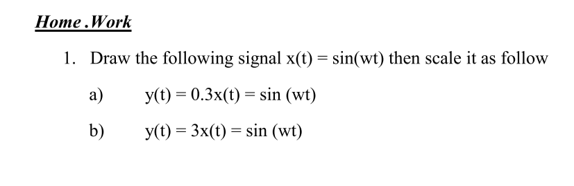 Home Work
1. Draw the following signal x(t) = sin(wt) then scale it as follow
a)
y(t) = 0.3x(t) = sin (wt)
b)
y(t) = 3x(t) sin (wt)
=