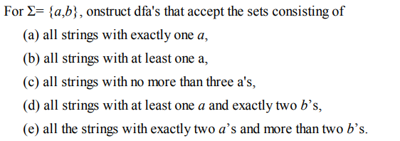 For E= {a,b}, onstruct dfa's that accept the sets consisting of
(a) all strings with exactly one a,
(b) all strings with at least one a,
(c) all strings with no more than three a's,
(d) all strings with at least one a and exactly two b’s,
(e) all the strings with exactly two a's and more than two b’s.
