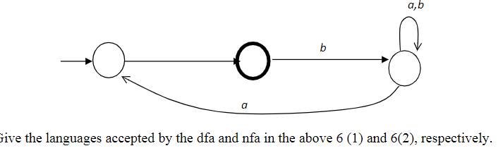 a,b
b
a
Give the languages accepted by the dfa and nfa in the above 6 (1) and 6(2), respectively.
