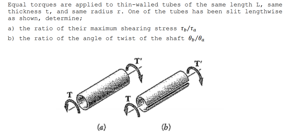 Equal torques are applied to thin-walled tubes of the same length L, same
thickness t, and same radius r. One of the tubes has been slit lengthwise
as shown, determine;
a) the ratio of their maximum shearing stress T₁/Ta
b) the ratio of the angle of twist of the shaft 0/0a
T'
T
(a)
T
(b)