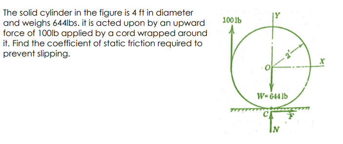 The solid cylinder in the figure is 4 ft in diameter
and weighs 644lbs. it is acted upon by an upward
force of 100lb applied by a cord wrapped around
it. Find the coefficient of static friction required to
prevent slipping.
100lb
W=644 lb
IN
X