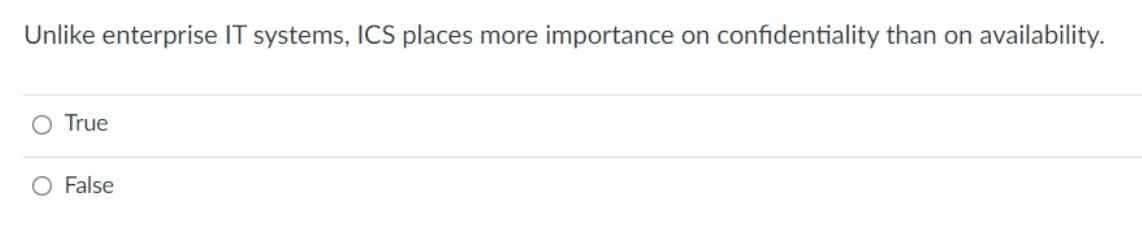 Unlike enterprise IT systems, ICS places more importance
on
confidentiality than on availability.
O True
O False
