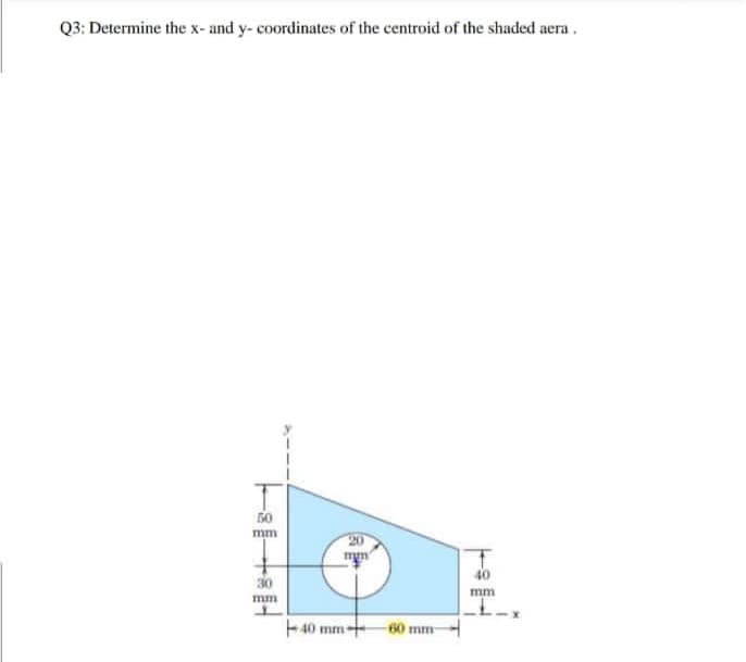 Q3: Determine the x- and y- coordinates of the centroid of the shaded acra.
mm
40
30
mm
mm
-40 mm
60 mm
