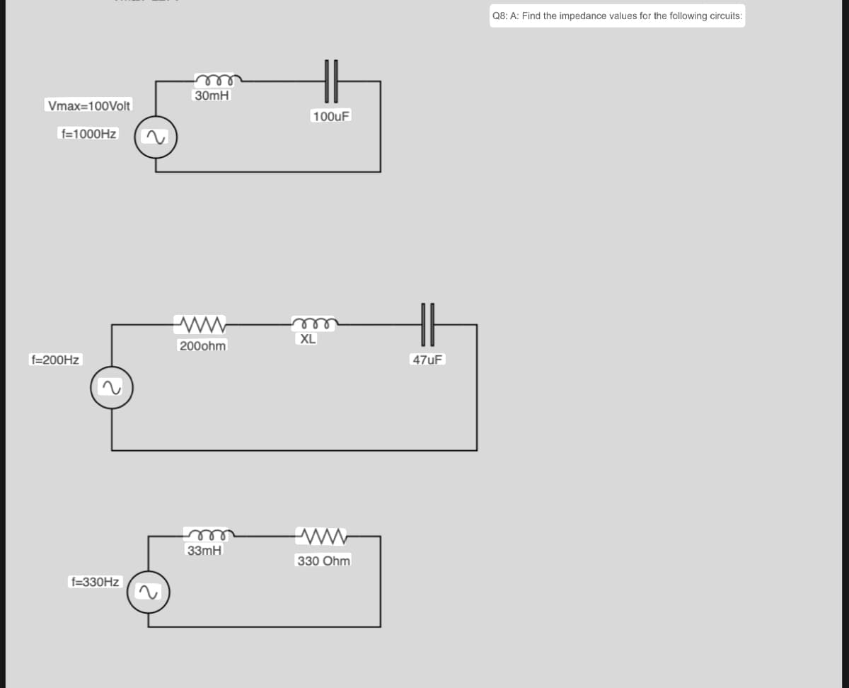 Vmax=100Volt
f=1000Hz
f=200Hz
f=330Hz
m
30mH
ww
200ohm
33mH
100uF
m
XL
www
330 Ohm
HH
47uF
Q8: A: Find the impedance values for the following circuits: