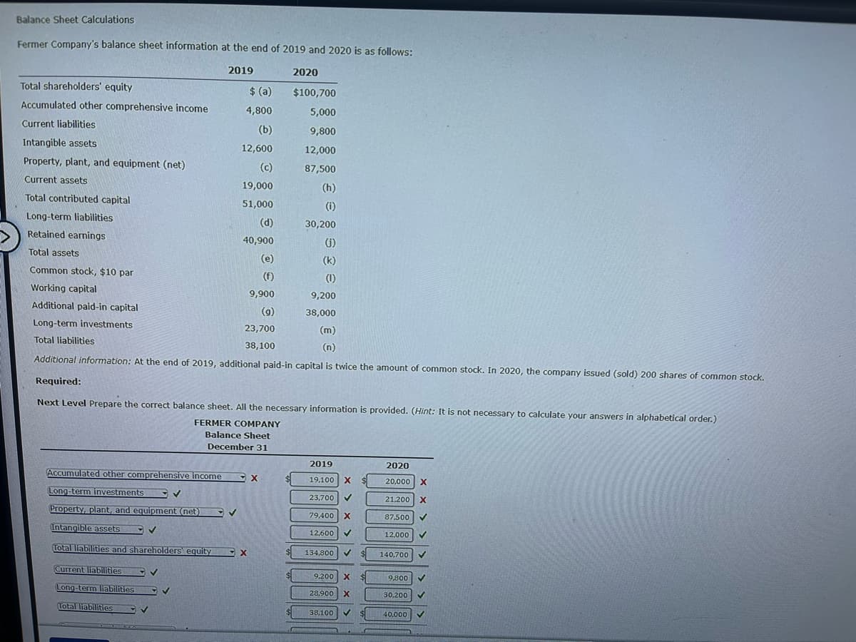 Balance Sheet Calculations
Fermer Company's balance sheet information at the end of 2019 and 2020 is as follows:
Total shareholders' equity
Accumulated other comprehensive income
Current liabilities
Intangible assets
Property, plant, and equipment (net)
Current assets
Total contributed capital
Long-term liabilities
Retained earnings
Total assets
Accumulated other comprehensive income
Long-term investments
Property, plant, and equipment (net)
Intangible assets
✓
Total liabilities and shareholders' equity
(h)
(i)
30,200
(i)
(k)
Common stock, $10 par
(1)
Working capital
9,200
Additional paid-in capital
38,000
Long-term investments
(m)
Total liabilities
(n)
Additional information: At the end of 2019, additional paid-in capital is twice the amount of common stock. In 2020, the company issued (sold) 200 shares of common stock.
Required:
Next Level Prepare the correct balance sheet. All the necessary information is provided. (Hint: It is not necessary to calculate your answers in alphabetical order.)
FERMER COMPANY
Balance Sheet
December 31
Current liabilities
Long-term liabilities
otal liabilities
✓
2019
✓
$ (a)
4,800
(b)
12,600
(c)
19,000
51,000
(d)
40,900
(e)
(f)
9,900
(9)
23,700
38,100
✓
X
2020
$100,700
5,000
9,800
12,000
87,500
X
2019
19,100 X
23,700 ✓
79,400 X
12,600 ✓
$ 134,800 ✓
$
9,200 X
28,900 X
38,100 ✓
$
2020
20,000 X
21,200 X
87,500
12,000
140,700 ✓
9,800 ✓
30,200
40,000