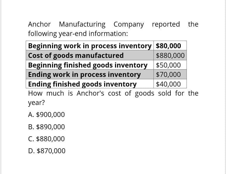 Anchor Manufacturing Company reported the
following year-end information:
Beginning work in process inventory $80,000
Cost of goods manufactured
Beginning finished goods inventory
Ending work in process inventory
$880,000
$50,000
$70,000
Ending finished goods inventory $40,000
How much is Anchor's cost of goods sold for the
year?
A. $900,000
B. $890,000
C. $880,000
D. $870,000