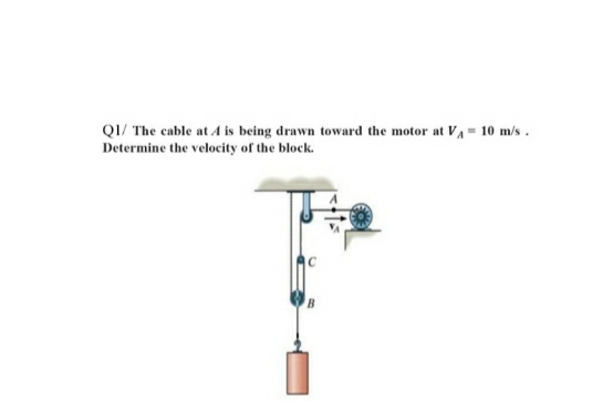 QI/ The cable at A is being drawn toward the motor at VA = 10 m/s.
Determine the velocity of the block.
